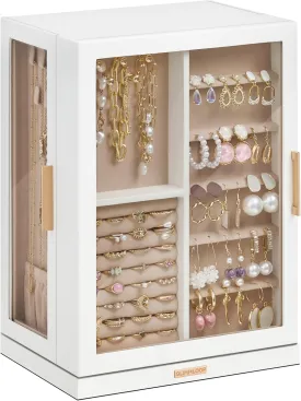 360 Rotating Jewelry Box with 7 Drawers, Spacious Vertical Jewelry Organizer with Glass Window, Jewelry Storage Case, Dustproof & Moisture-resistant Design, White