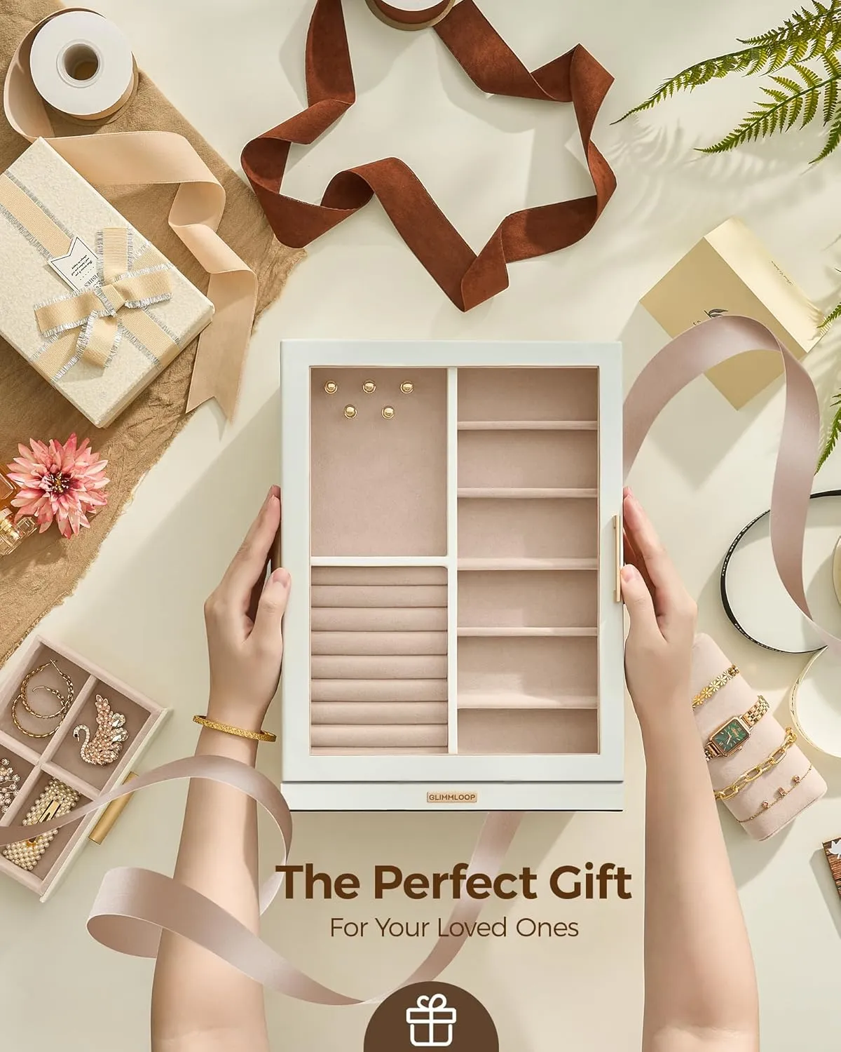 360 Rotating Jewelry Box with 7 Drawers, Spacious Vertical Jewelry Organizer with Glass Window, Jewelry Storage Case, Dustproof & Moisture-resistant Design, White