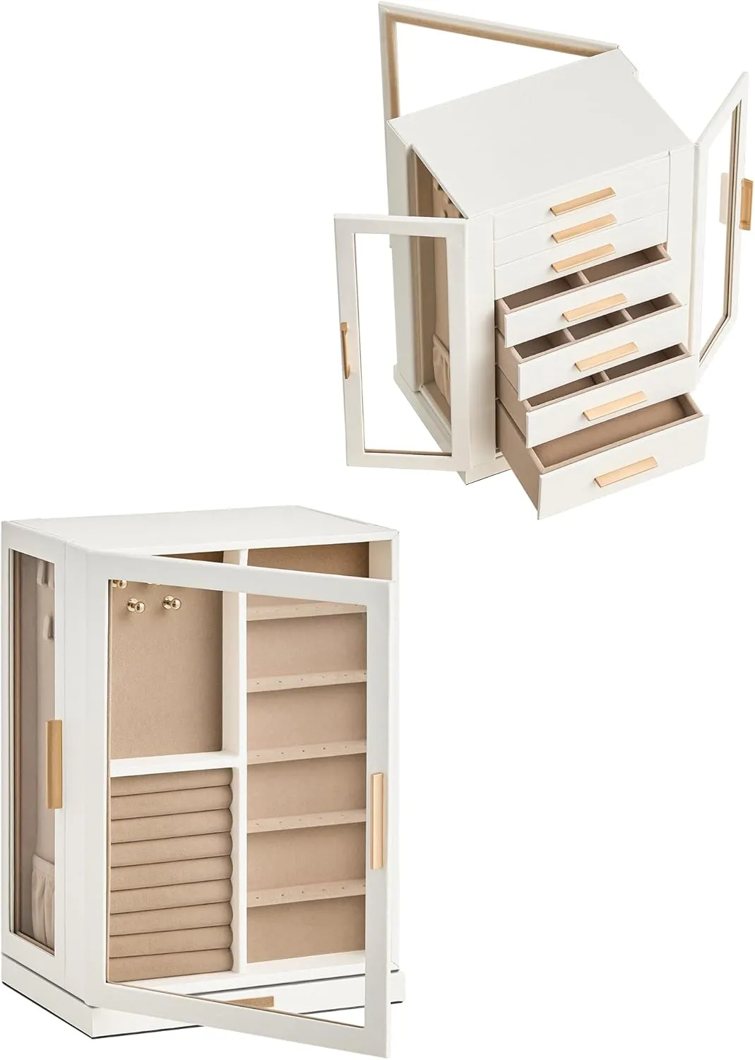 360 Rotating Jewelry Box with 7 Drawers, Spacious Vertical Jewelry Organizer with Glass Window, Jewelry Storage Case, Dustproof & Moisture-resistant Design, White