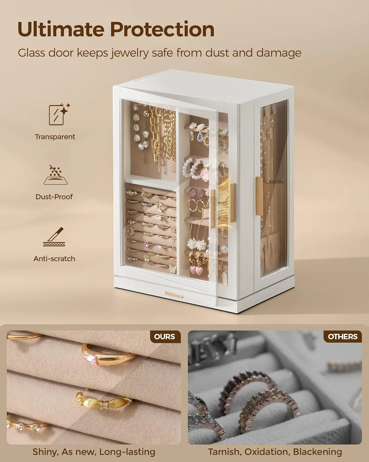 360 Rotating Jewelry Box with 7 Drawers, Spacious Vertical Jewelry Organizer with Glass Window, Jewelry Storage Case, Dustproof & Moisture-resistant Design, White