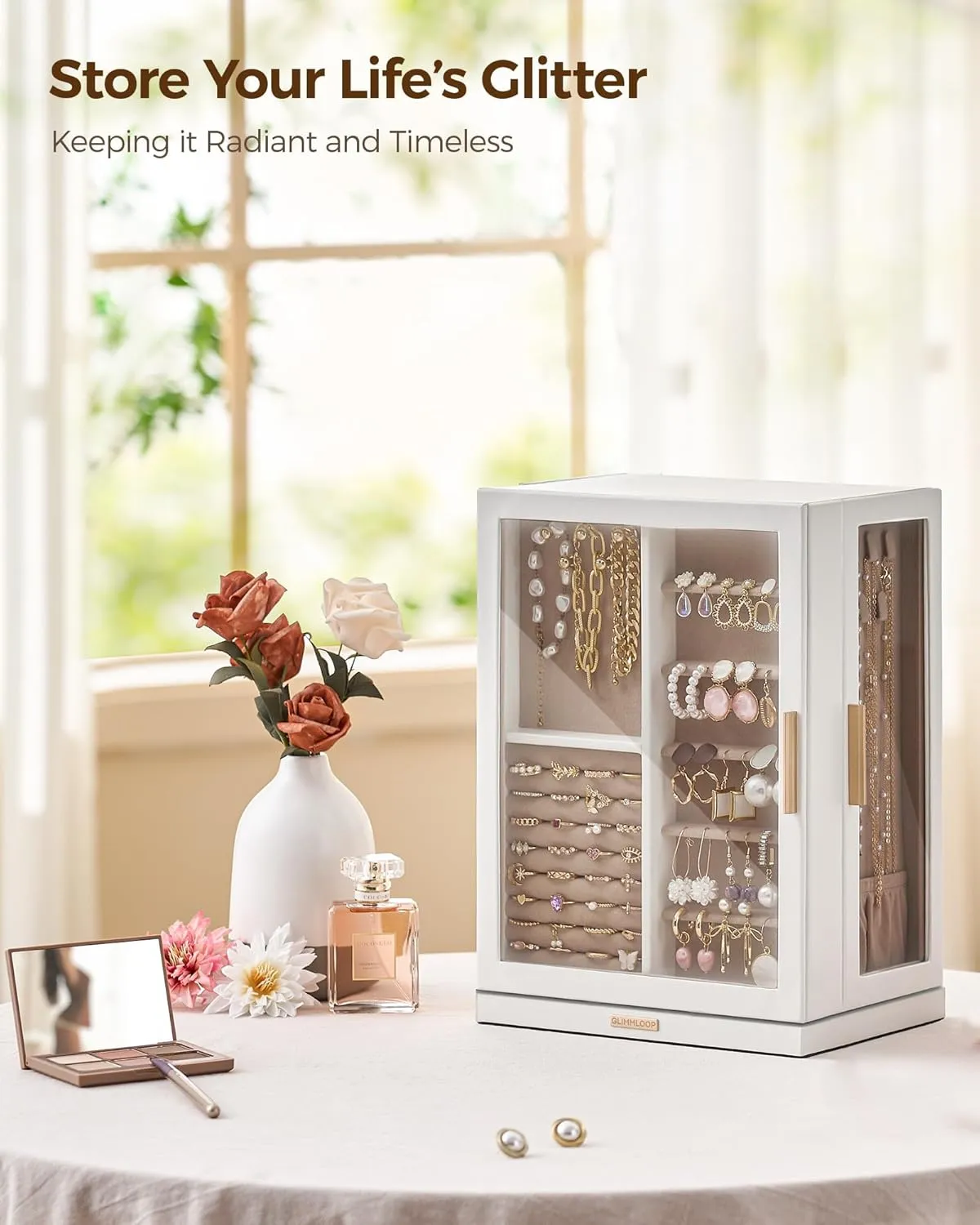 360 Rotating Jewelry Box with 7 Drawers, Spacious Vertical Jewelry Organizer with Glass Window, Jewelry Storage Case, Dustproof & Moisture-resistant Design, White