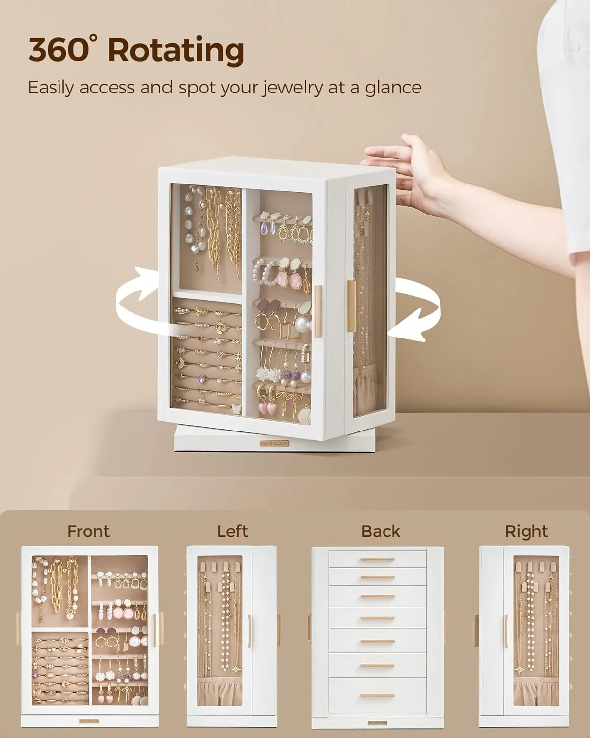 360 Rotating Jewelry Box with 7 Drawers, Spacious Vertical Jewelry Organizer with Glass Window, Jewelry Storage Case, Dustproof & Moisture-resistant Design, White