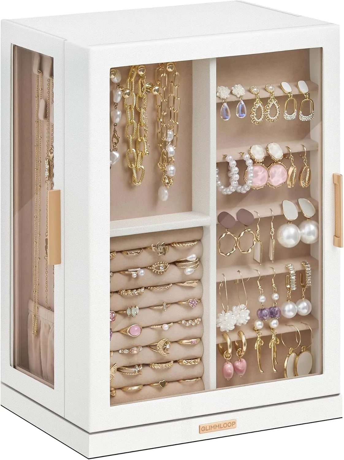 360 Rotating Jewelry Box with 7 Drawers, Spacious Vertical Jewelry Organizer with Glass Window, Jewelry Storage Case, Dustproof & Moisture-resistant Design, White