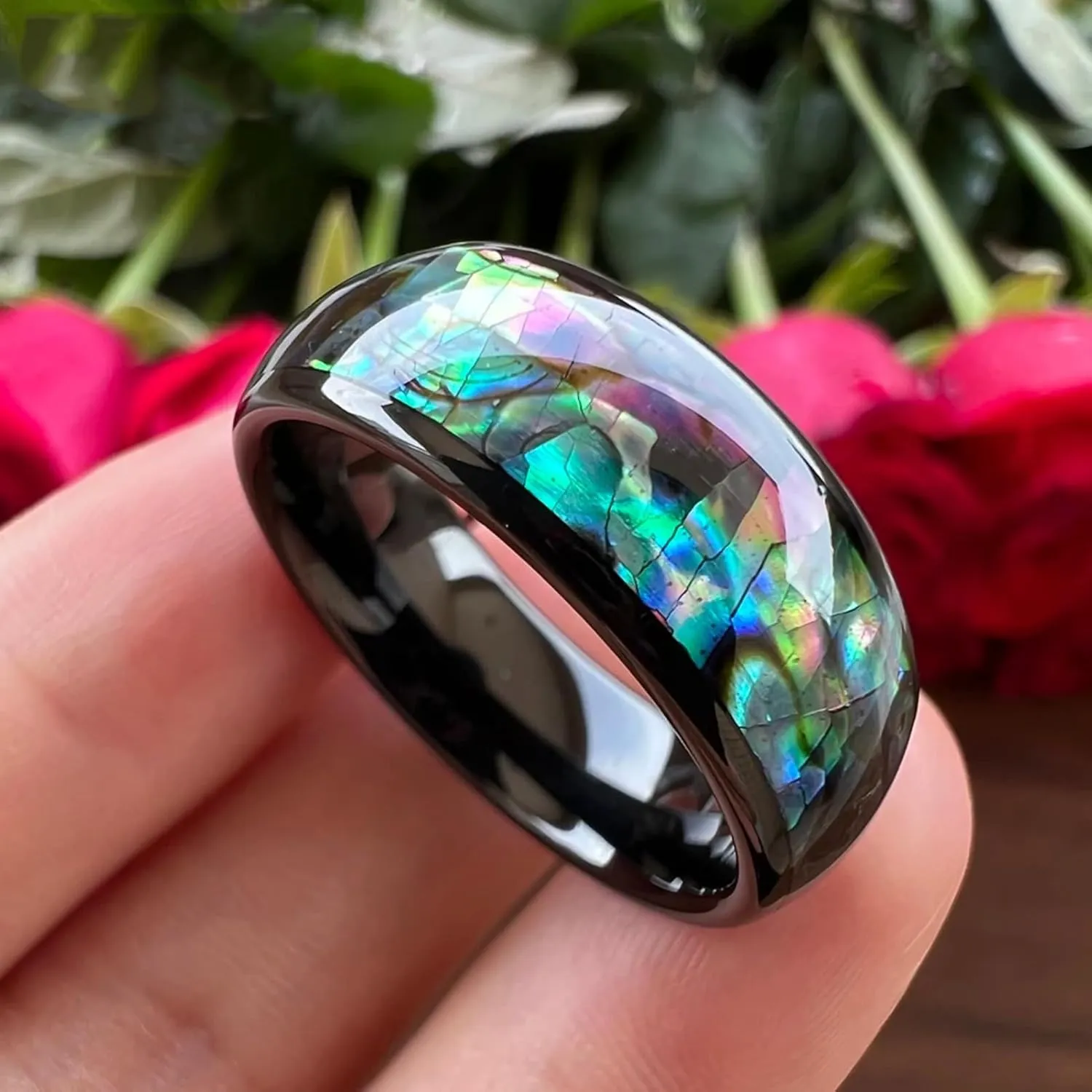 8mm Abalone Shell Ring Men Women Tungsten Wedding Bands Domed Polished Male Female Jewelry Gift Comfort Fit