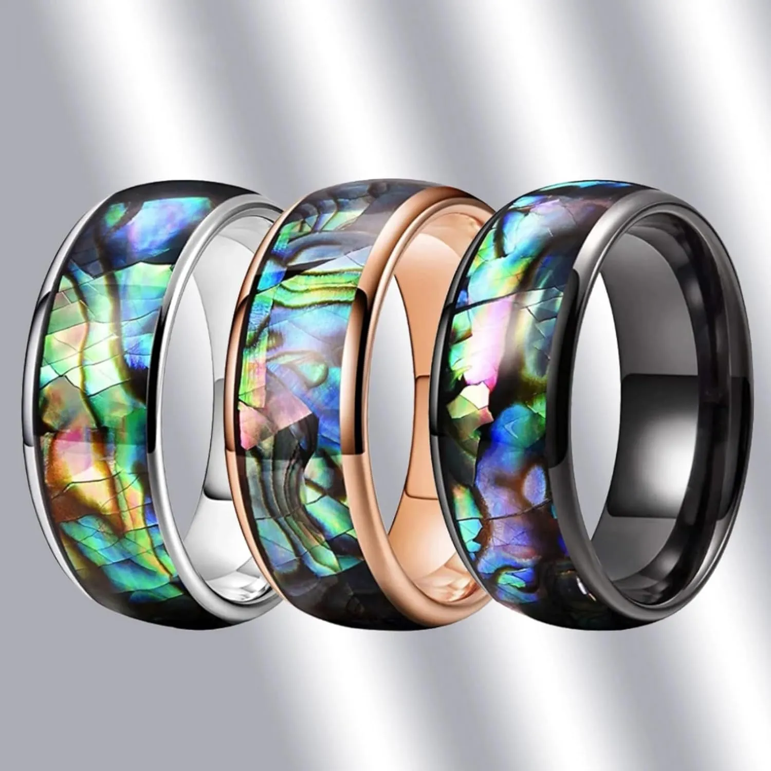 8mm Abalone Shell Ring Men Women Tungsten Wedding Bands Domed Polished Male Female Jewelry Gift Comfort Fit