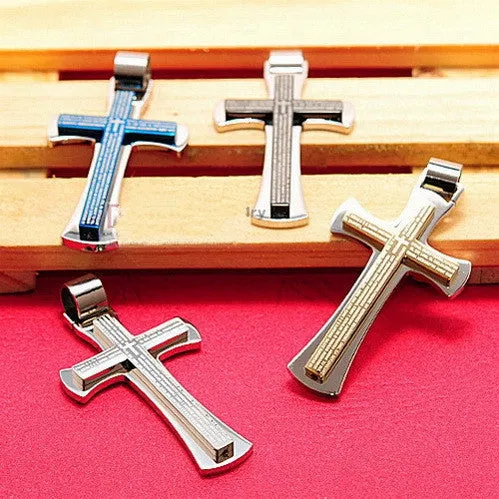 Bible Scripture Cross Pendant Necklace For Mens Stainless Steel Jewelry