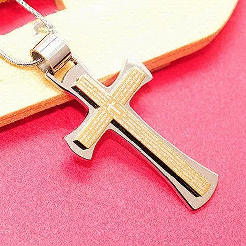 Bible Scripture Cross Pendant Necklace For Mens Stainless Steel Jewelry