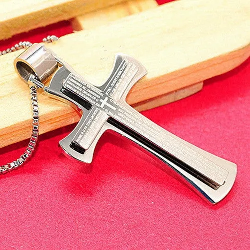 Bible Scripture Cross Pendant Necklace For Mens Stainless Steel Jewelry