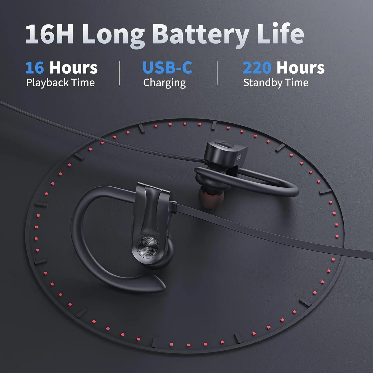 Bluetooth Headphones, Wireless Earbuds Bluetooth 5.3 Headphones with 16Hrs Playtime Stereo Bass Headsets, IPX7 Waterproof Running Earphones for Sports, Black