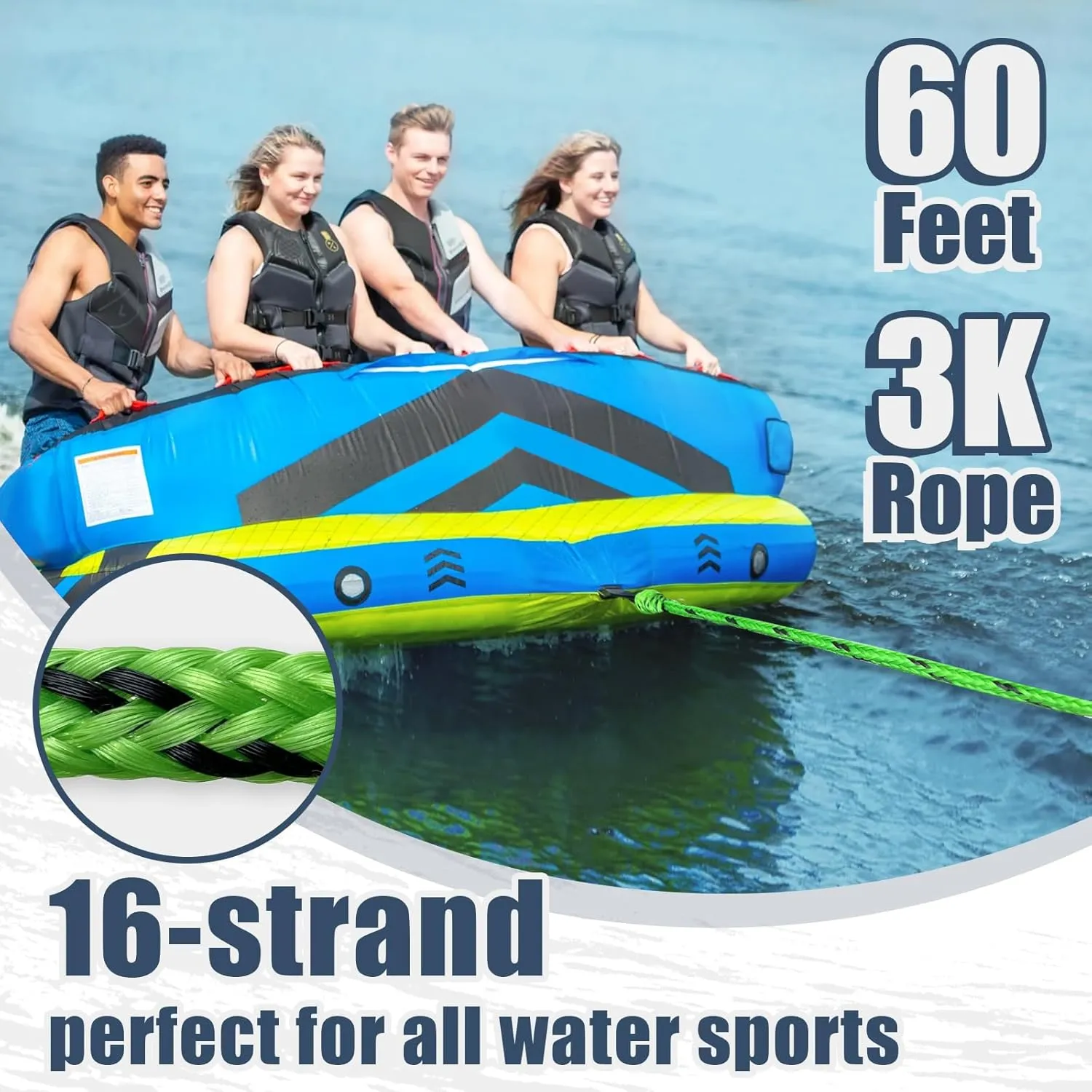 Boat Tow Rope 60ft 3-6K, Floating Ropes for Towable TubesWatersport Accessories