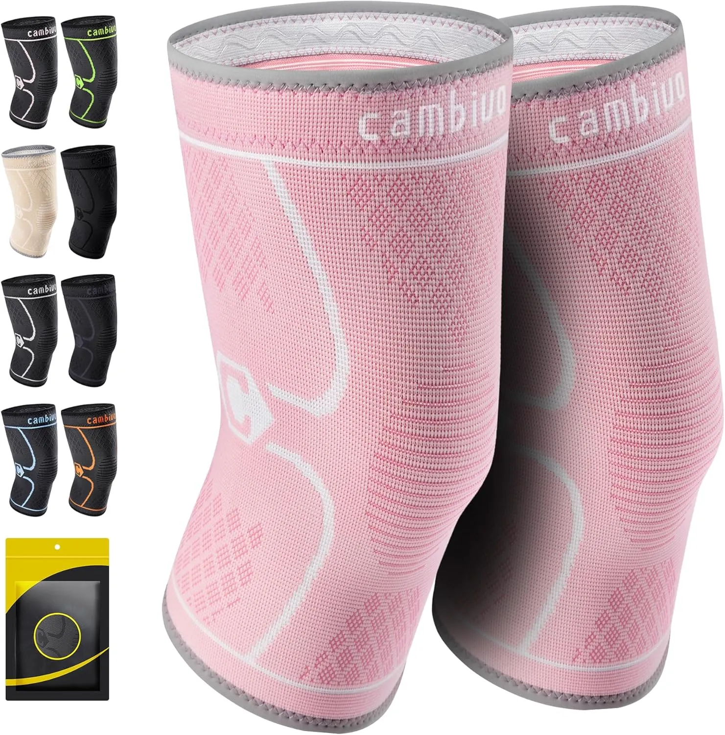 CAMBIVO 2 Pack Knee Brace, Knee Compression Sleeve for Men and Women, Knee Support for Running, Workout, Gym, Hiking, Sports (Light Pink,Small)