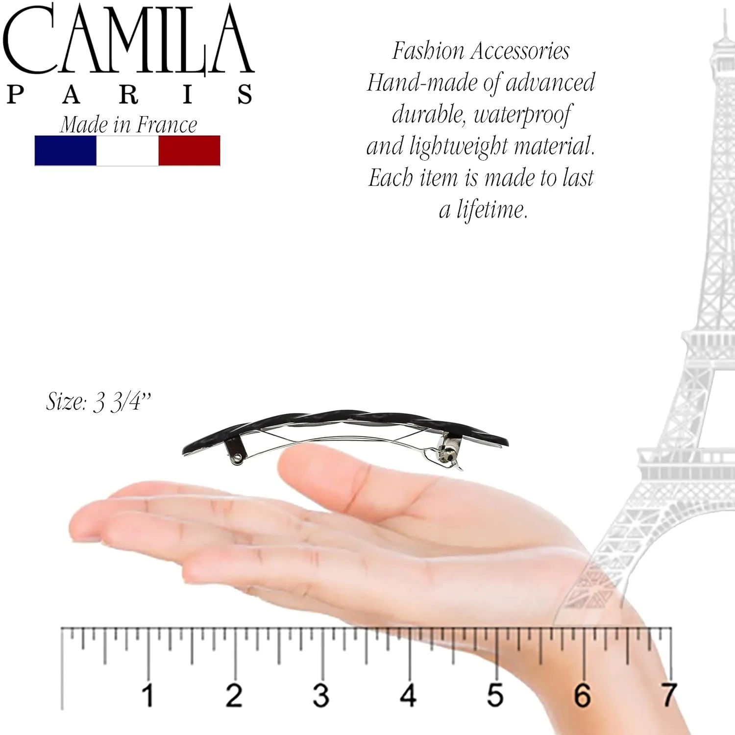 Camila Paris CP2876 French Hair Barrette Clip for Girls Braided, Black, Automatic Clasp, Strong Hold Grip Hair Clips for Women, No Slip and Durable Styling Girls Hair Accessories, Made in France