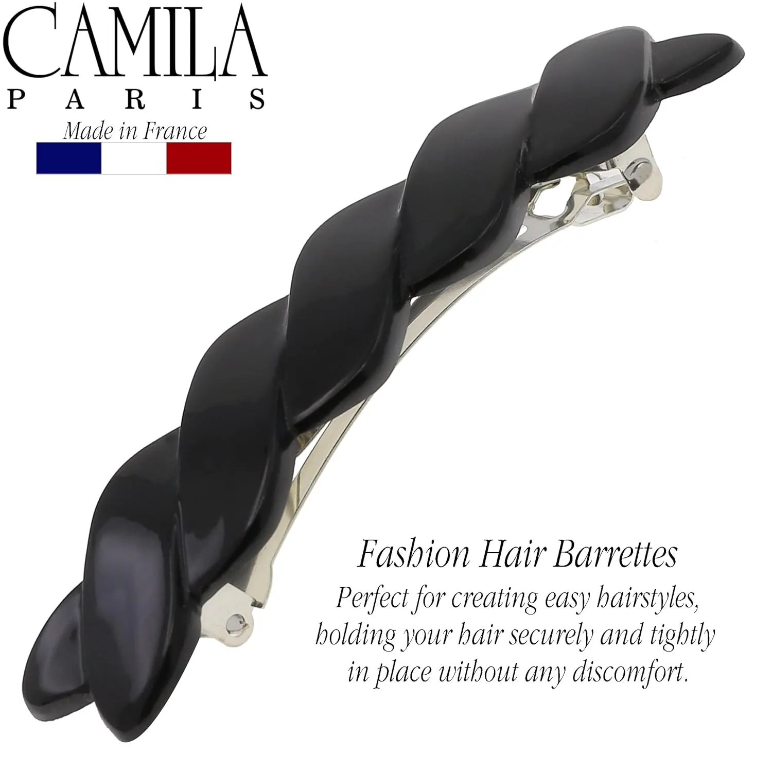Camila Paris CP2876 French Hair Barrette Clip for Girls Braided, Black, Automatic Clasp, Strong Hold Grip Hair Clips for Women, No Slip and Durable Styling Girls Hair Accessories, Made in France