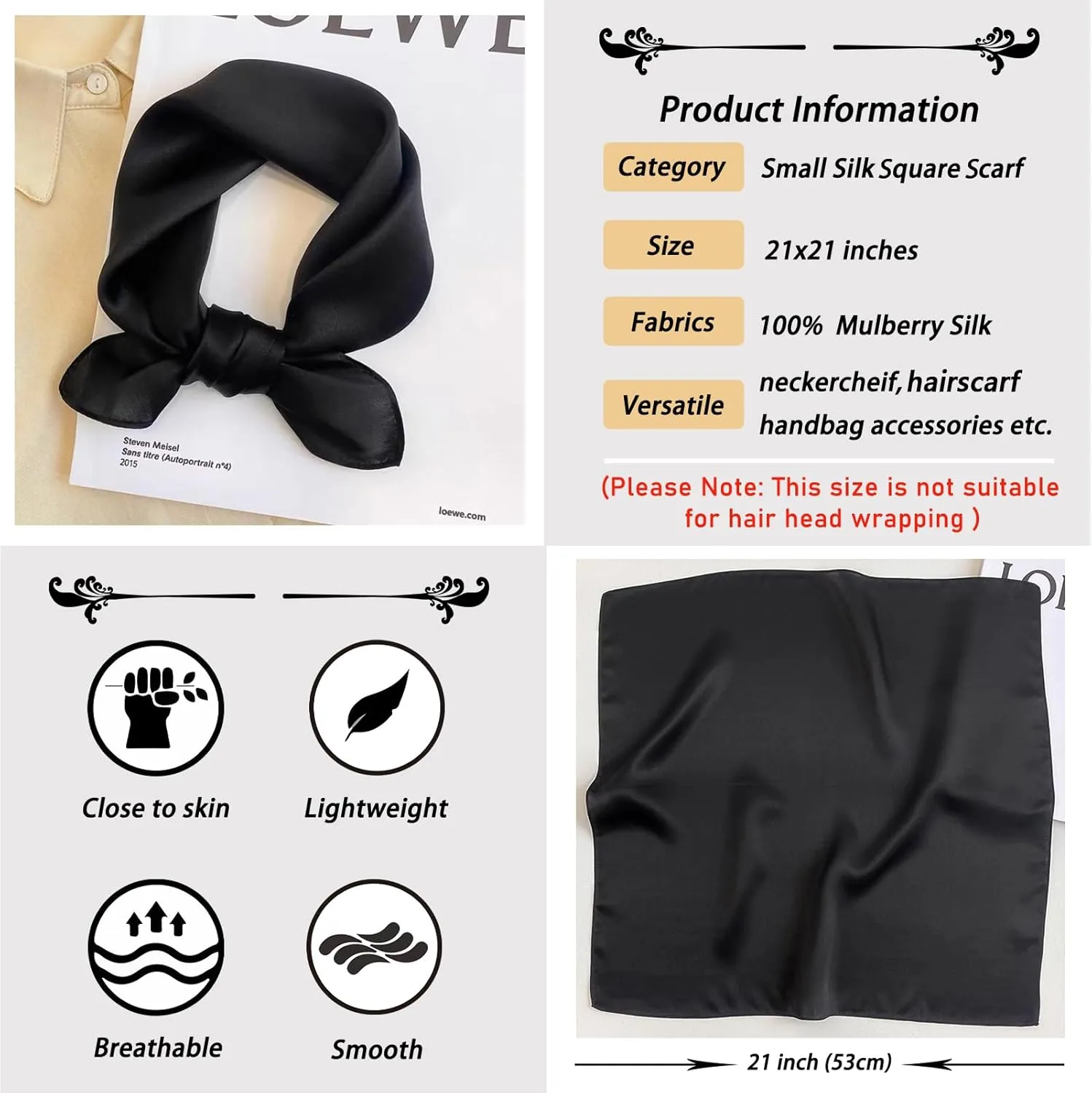 Ciormis 100% Mulberry Silk Scarf - Women's 21''/27'' Square Real Silk Hair Head Scarf Neckerchief with Gift Packaged