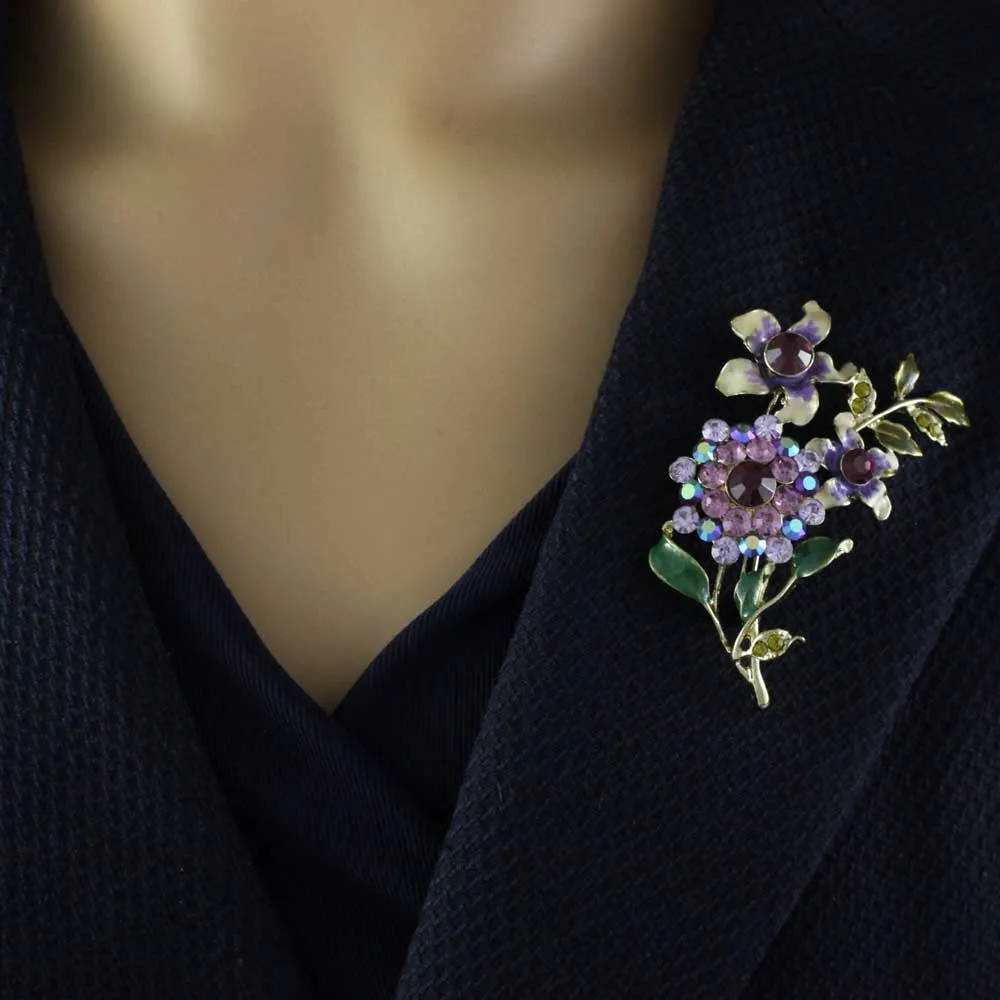 Cream and Purple Enamel and Crystal Flowers Brooch Pin - PRL040