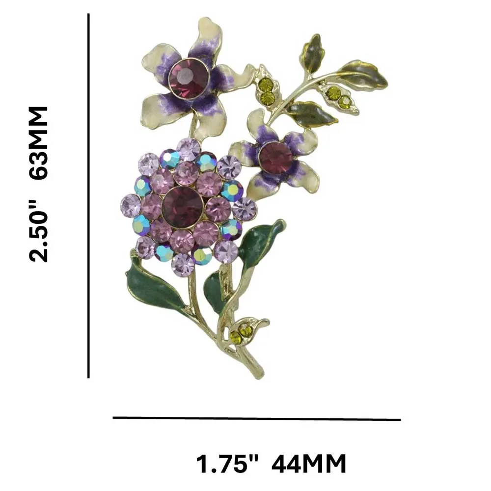 Cream and Purple Enamel and Crystal Flowers Brooch Pin - PRL040