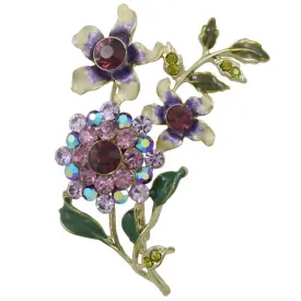 Cream and Purple Enamel and Crystal Flowers Brooch Pin - PRL040