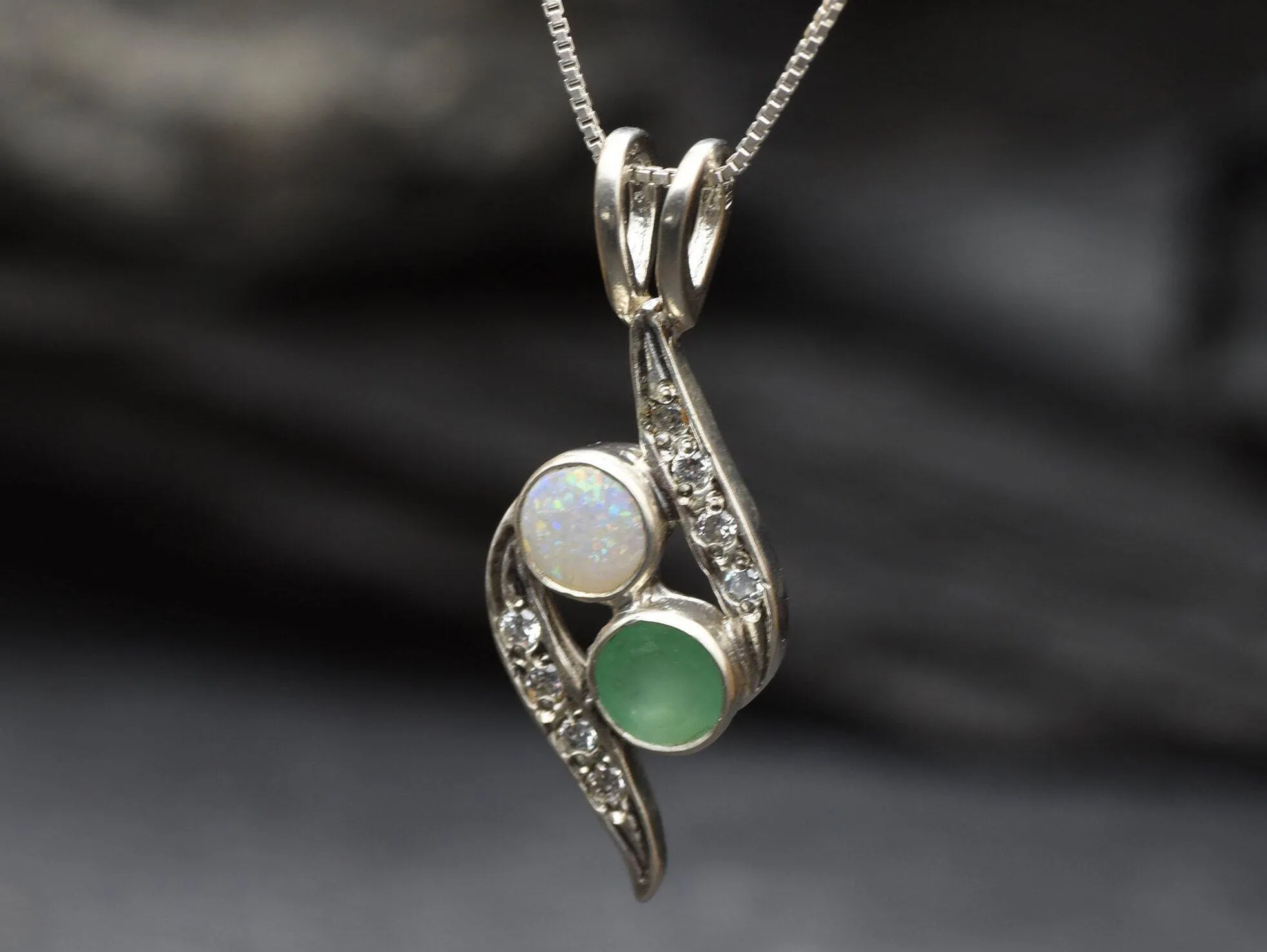 Emerald Bypass Necklace - Two Stone Pendant - Opal Vintage Necklace