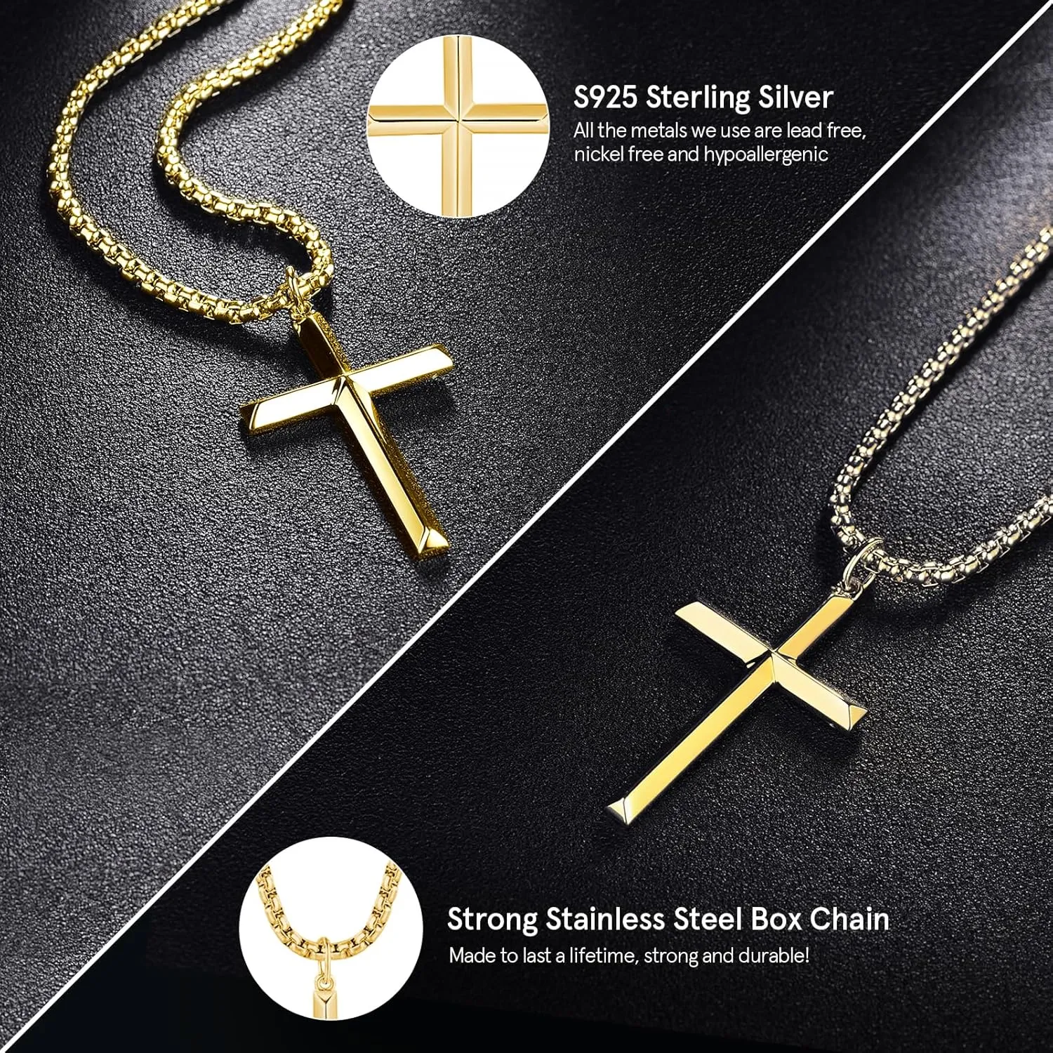 FANCIME Cross Necklace for Men Sterling Silver Cross Necklaces High Polished Gift For Men, Stainless Steel Box Chain Length 24 Inch