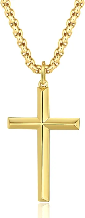 FANCIME Cross Necklace for Men Sterling Silver Cross Necklaces High Polished Gift For Men, Stainless Steel Box Chain Length 24 Inch
