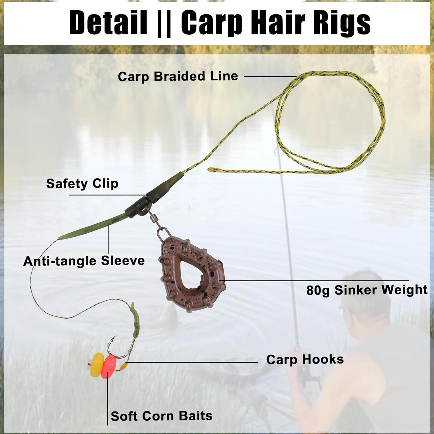 FUSIGO Carp Fishing Hair Rig Kit, Carp Fishing Equipment Rigs with Flat Pear Sinker Quick Change Swivels Hooks Corn Baits Tackle Rig Set