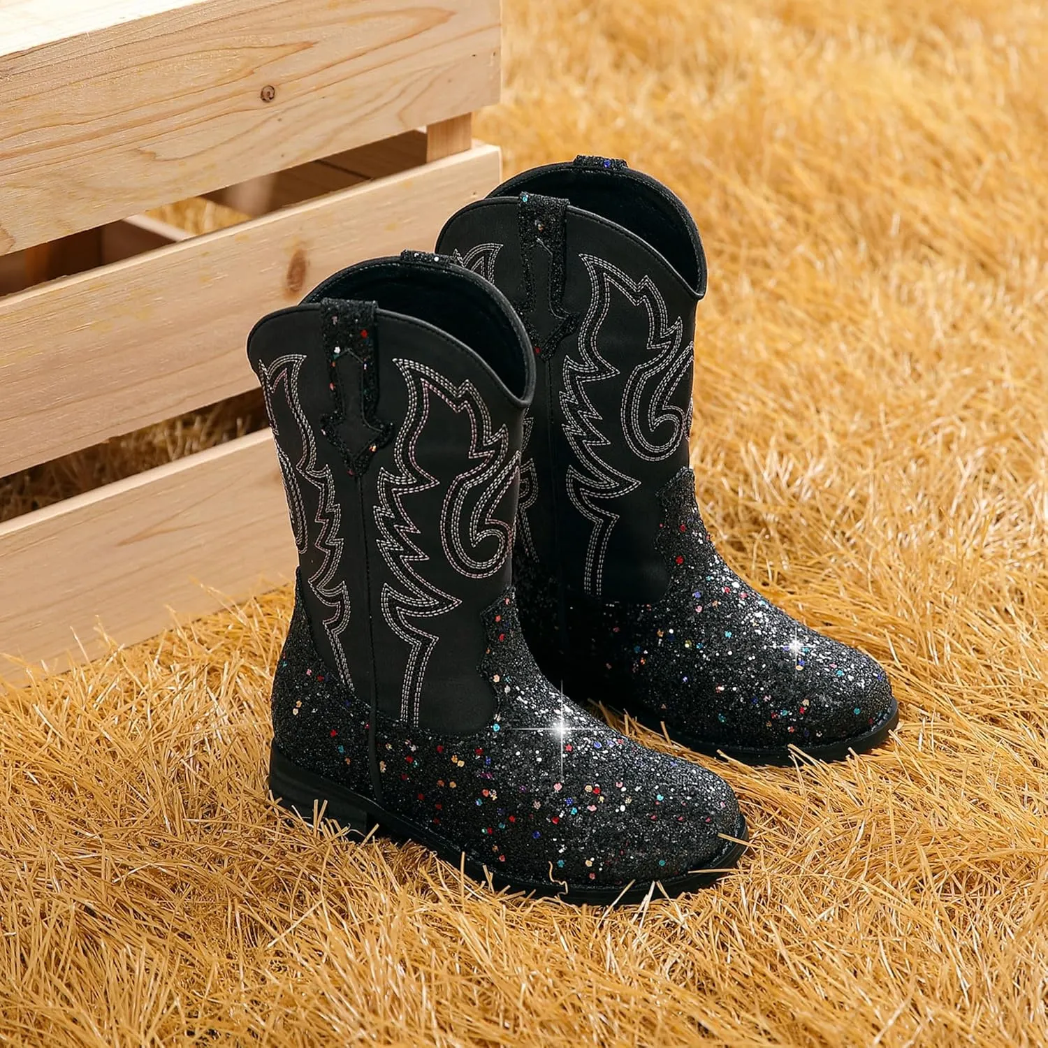 Girls Cowgirl Boots Unisex-Child Mid Calf Glitter Toddler Cowboy Boot Little Big Kids Western Riding Shoes