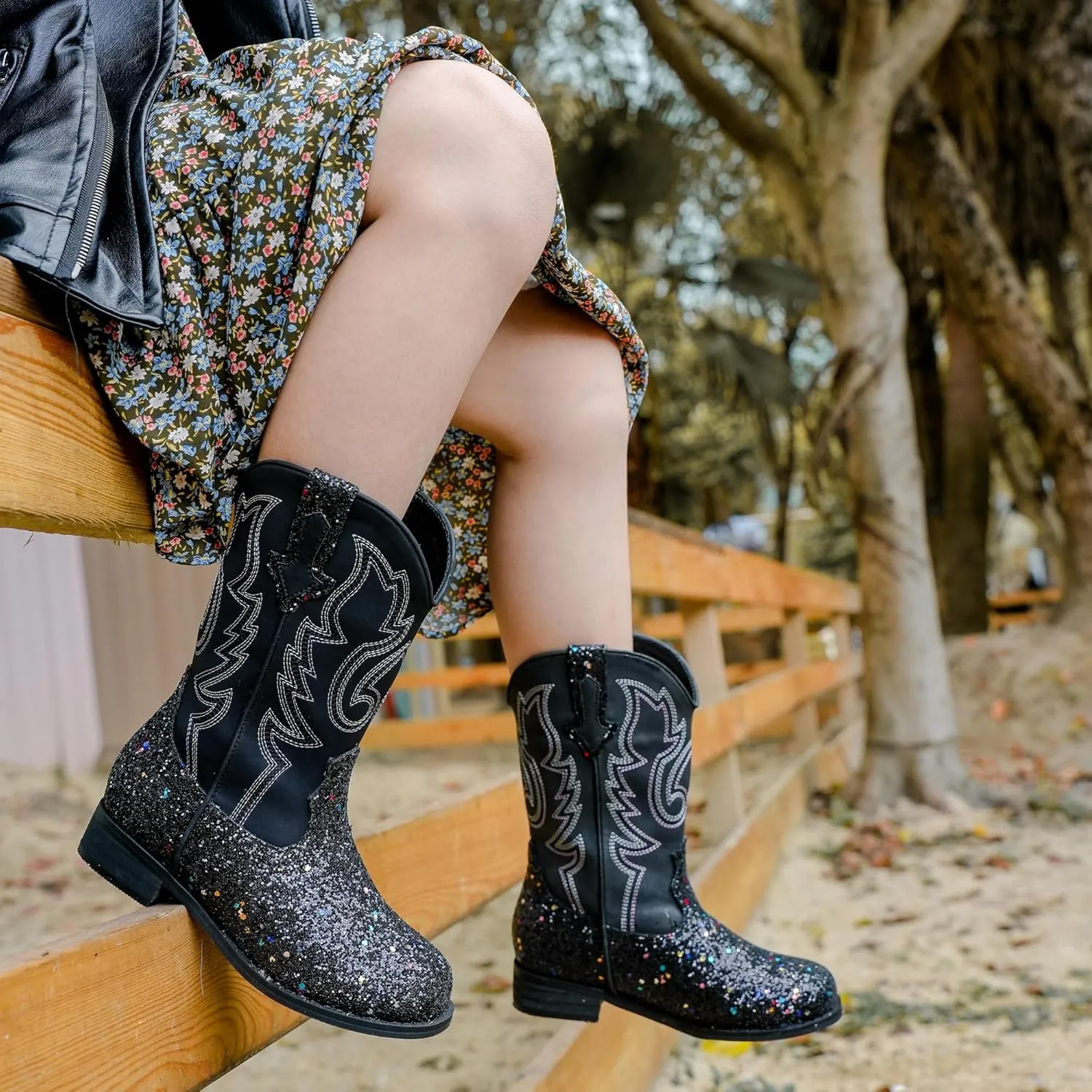 Girls Cowgirl Boots Unisex-Child Mid Calf Glitter Toddler Cowboy Boot Little Big Kids Western Riding Shoes