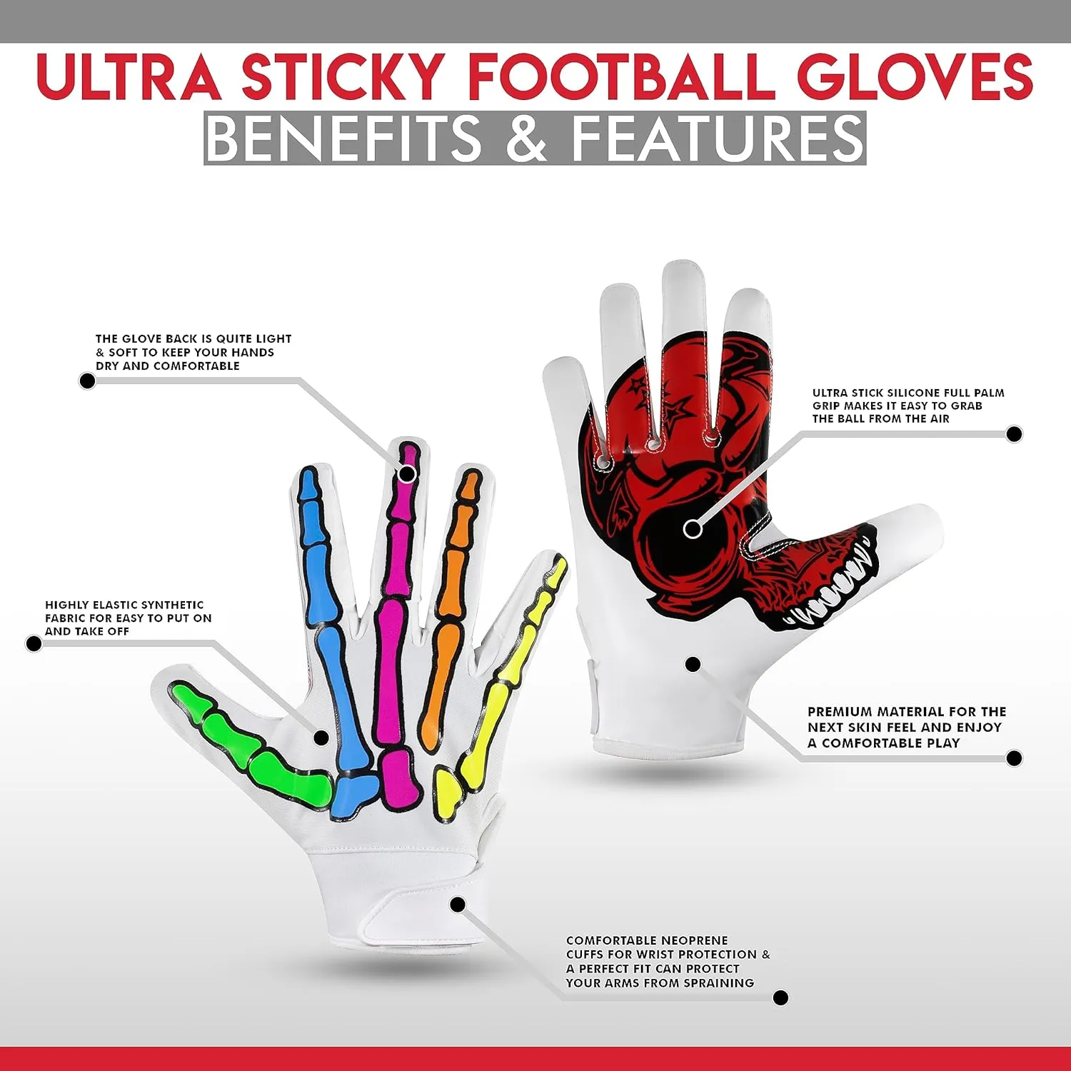 Glorious Traders Youth Football Gloves American Wide Receiver Football Gloves for Adult Men Women & Boys with Super Sticky Silicone Grip Palms Ultimate Performance Booster
