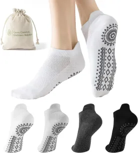 Grip Pilates Socks for Women, 4 Pairs Non Slip Yoga Athletic Ballet Barre Dance Workout Ankle Socks