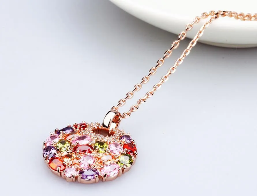 Hot Sell Multicolor Crystal Round Necklaces & Pendants for Women 18k Gold Plated Swiss CZ Zircon Jewelry
