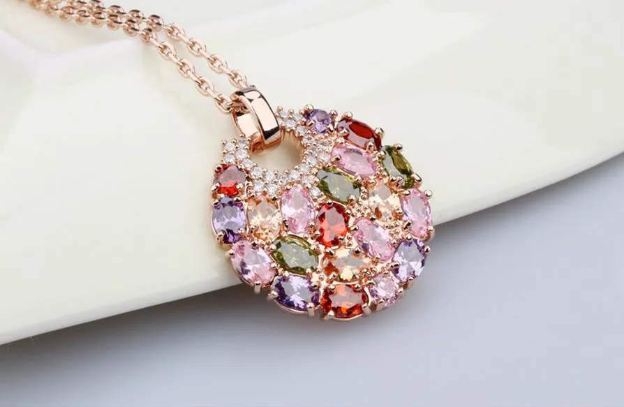 Hot Sell Multicolor Crystal Round Necklaces & Pendants for Women 18k Gold Plated Swiss CZ Zircon Jewelry