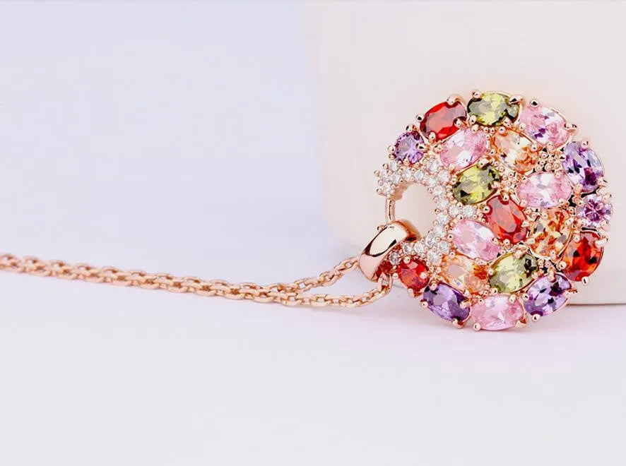 Hot Sell Multicolor Crystal Round Necklaces & Pendants for Women 18k Gold Plated Swiss CZ Zircon Jewelry