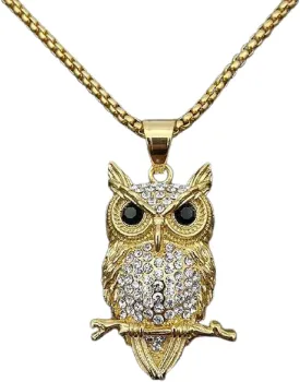 Iced Out Owl Tree Branch Necklace for Men - Gold Stainless Steel Hip Hop Celtic Owl Pendant