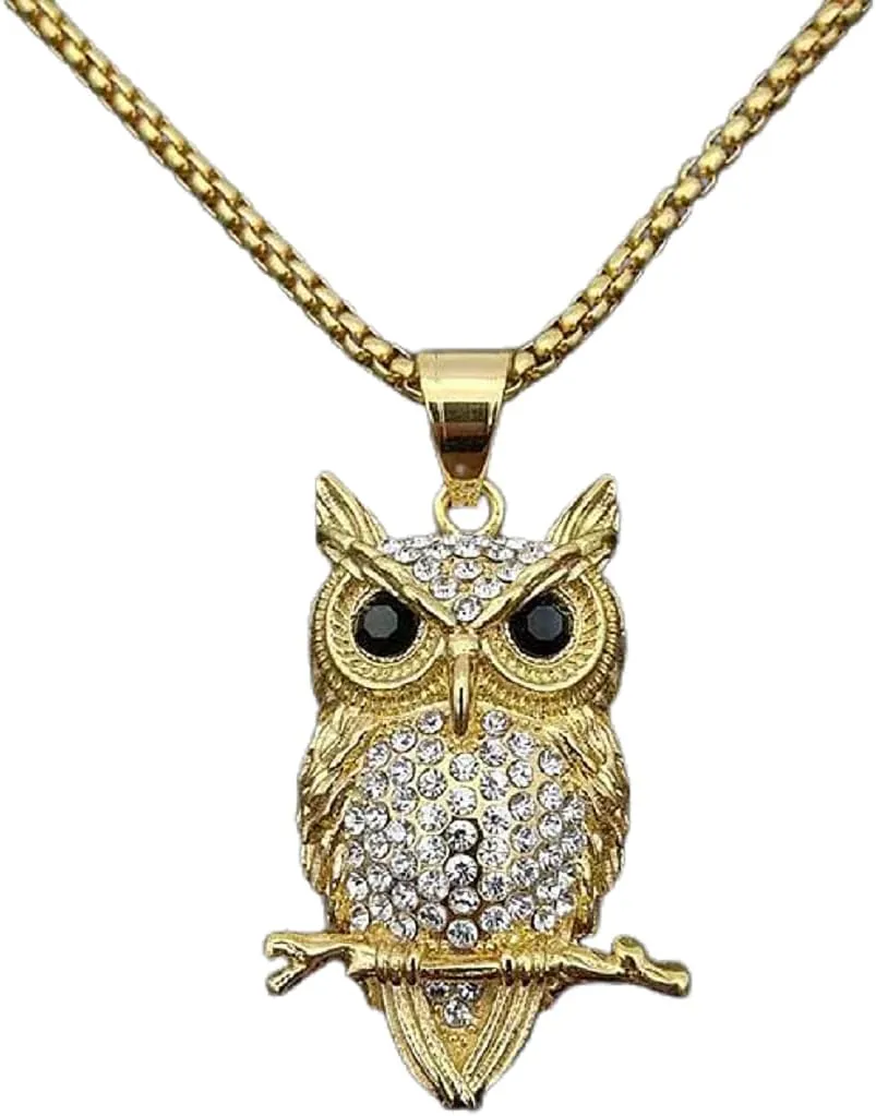 Iced Out Owl Tree Branch Necklace for Men - Gold Stainless Steel Hip Hop Celtic Owl Pendant