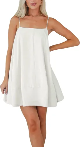InterNos Womens Summer Flowy Mini Dress Spaghetti Straps Dress A-Line Back Buttons Sundresses with Pockets