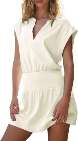 InterNos Womens Summer Mini Dress Lightweight V Neck Cap Sleeves A-Line Casual Athletic Dress