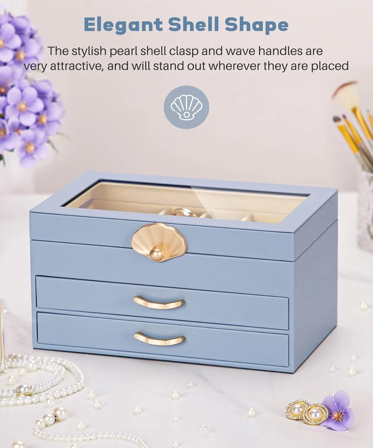 Jewelry Box with 2 Drawers: Jewelry Display Organizer for Earrings Necklaces - Gift for Girls Women (Grey Blue)