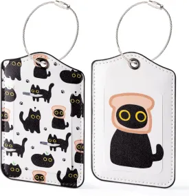 Laffact Black Cat Luggage Tag - 2 Sets Funny Kawaii Cartoon Black Kitten Cute Double Fabric PU Leather Luggage Tag Information Card Steel Loop for Women Men Suitcases Handbags Backpacks Cat Lovers