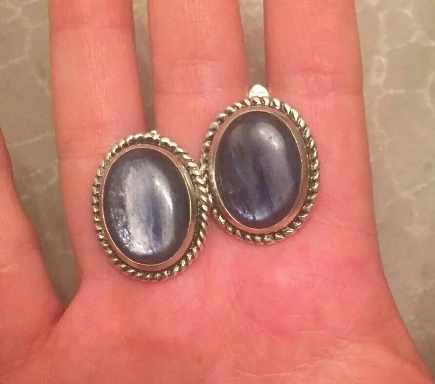 Large Blue Earrings - Natural Kyanite Earrings - Vintage Heavy Earrings