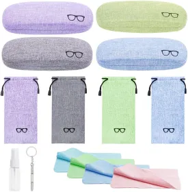LZYMSZ 4 Sets Glasses Case, Portable Linen Hard Shell Eyeglasses Cases, Protective Glasses Box for Storage Sunglasses, Eye Glass Carry Case with Glasses Accessories (Drawstring Pouch, Cleaning Cloth)