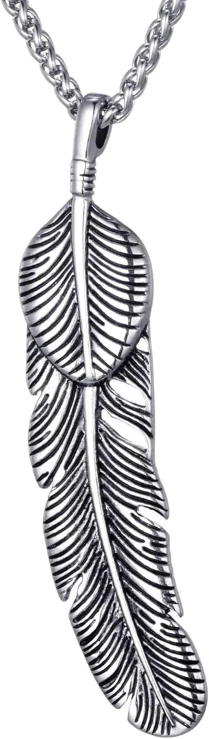 Moolee Mens Stainless Steel Pendant Necklace Feather Pendant with 24 Inches Link Chain, Large Feather