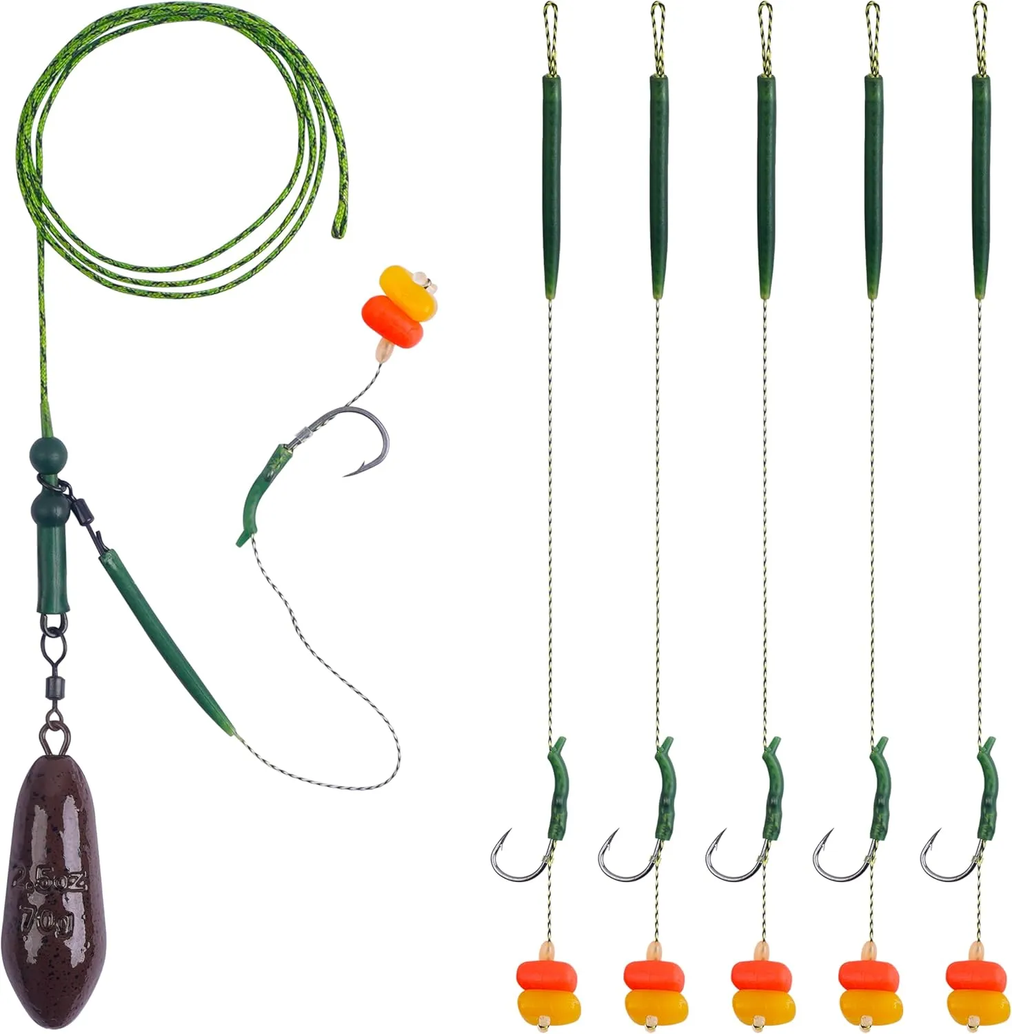 OROOTL Carp Fishing Rigs Kit, Carp Hair Rigs with Coated Sinker Weight Quick Change Rolling Swivel Hooks Corn Bait Sleeves Boilie Leader Fishing Equipment Accessories Set