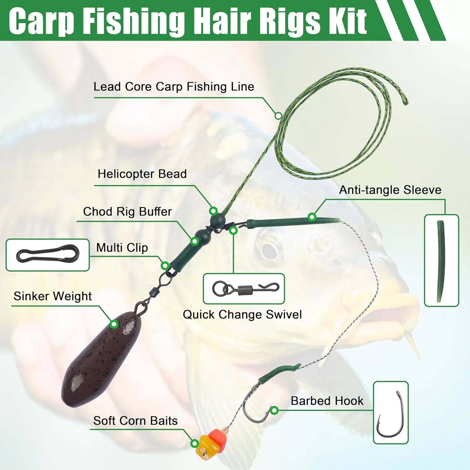 OROOTL Carp Fishing Rigs Kit, Carp Hair Rigs with Coated Sinker Weight Quick Change Rolling Swivel Hooks Corn Bait Sleeves Boilie Leader Fishing Equipment Accessories Set