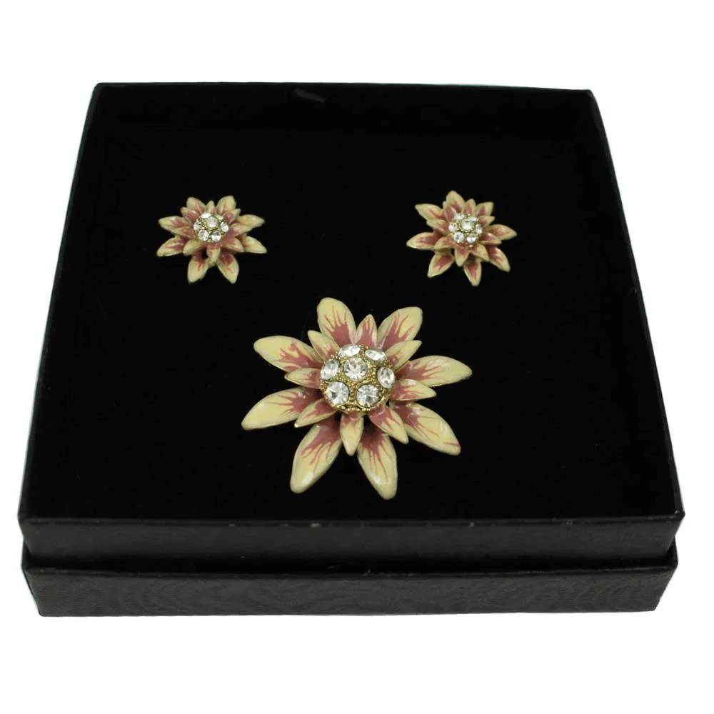 Peaches and Cream Flower Brooch Pin and Earring Set - PRL910BS