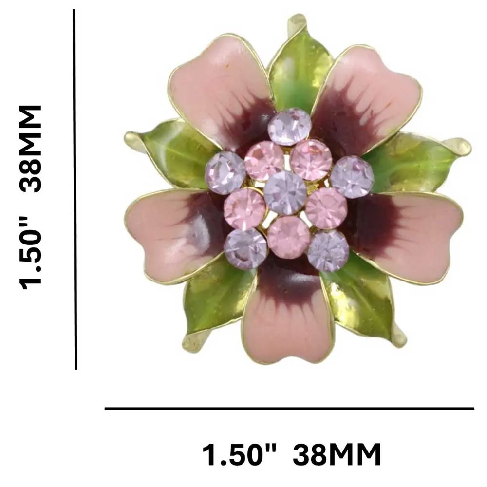 Pink and Green Enamel Flower with Crystals Brooch Pin - PRL908A