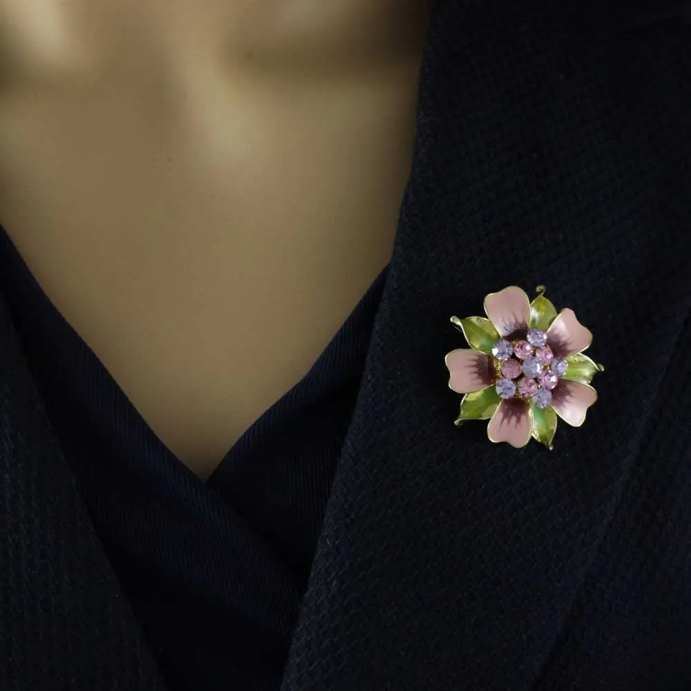 Pink and Green Enamel Flower with Crystals Brooch Pin - PRL908A