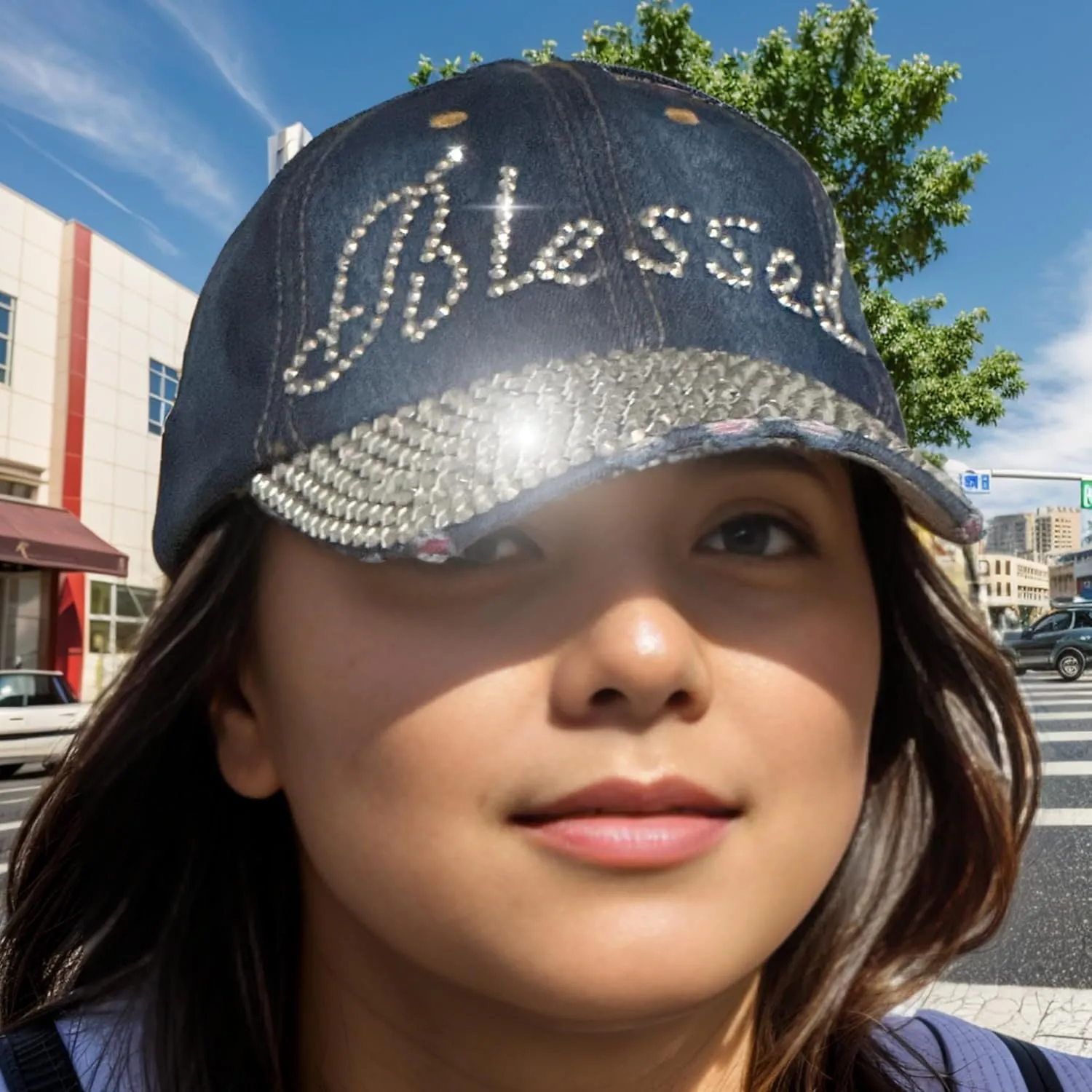 Popfizzy Bling Hat for Women, Fun Rhinestone Baseball Cap, Bedazzled Distressed Denim Hat, Handmade Gifts for Women and Girls