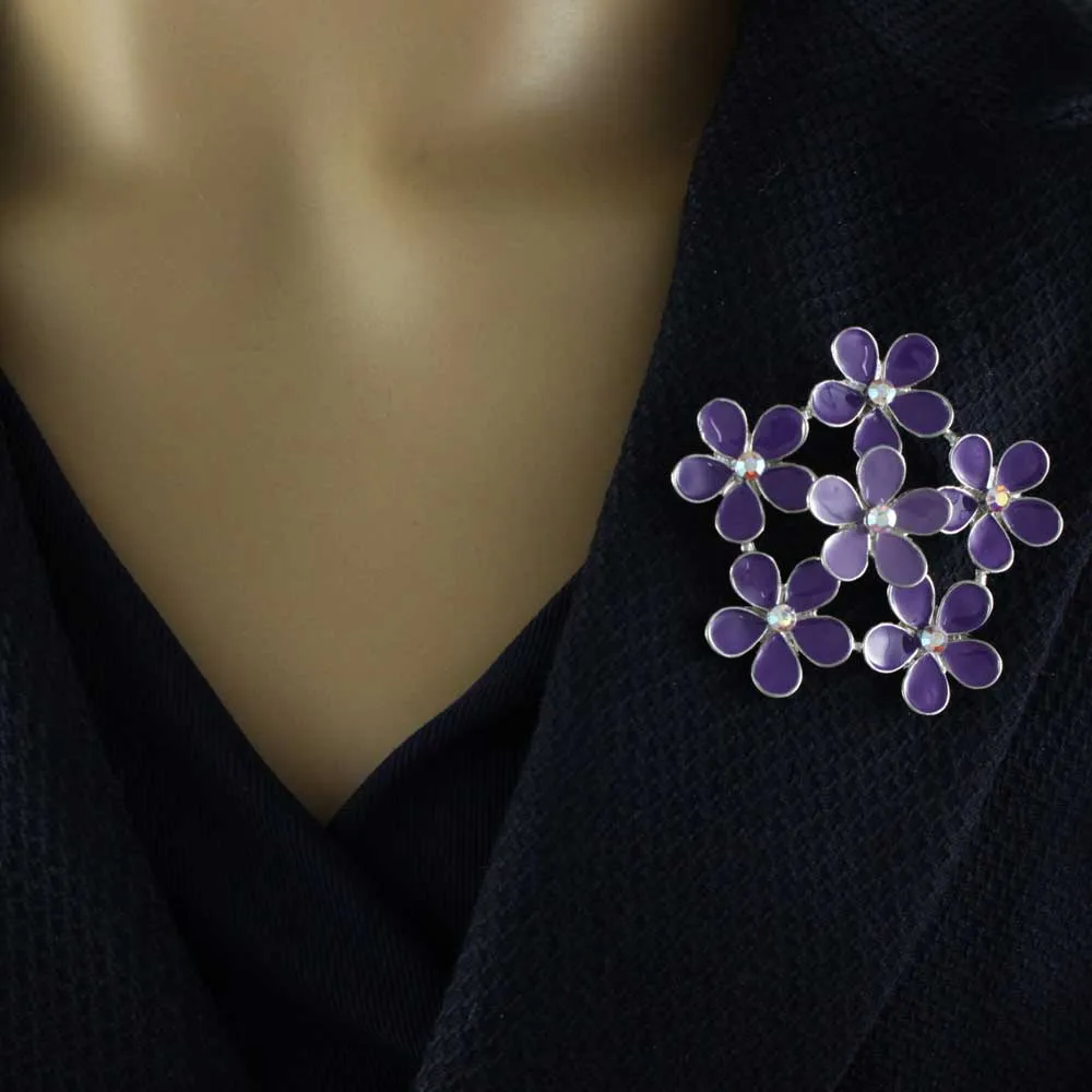 Purple Enamel and Crystal Ring of Daisies Flower Brooch Pin - PRL178