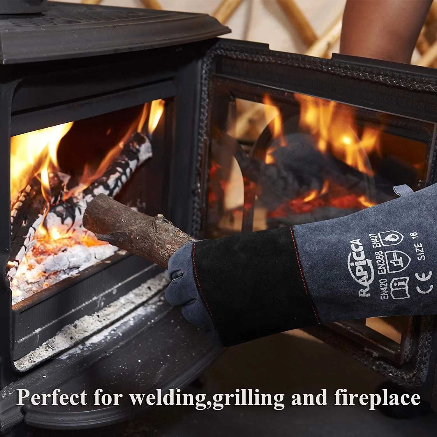 RAPICCA Fireplace Gloves Fire Heat Resistant: Dark-Grey 16IN 932 - Fireproof Leather for Fireplace Fire Pit Wood Stove Campfire Furnace BBQ Grill Stick Mig Welding Welder Gear - One Size