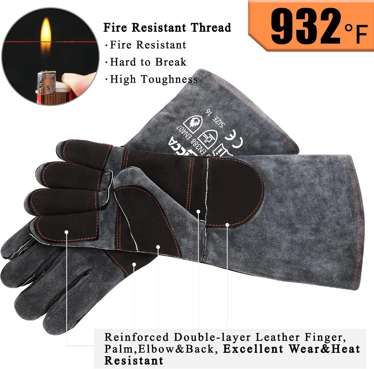 RAPICCA Fireplace Gloves Fire Heat Resistant: Dark-Grey 16IN 932 - Fireproof Leather for Fireplace Fire Pit Wood Stove Campfire Furnace BBQ Grill Stick Mig Welding Welder Gear - One Size
